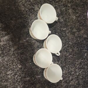Set of Five Pyrex White Teacups with Gold Brown Flower And Butterfly Pattern